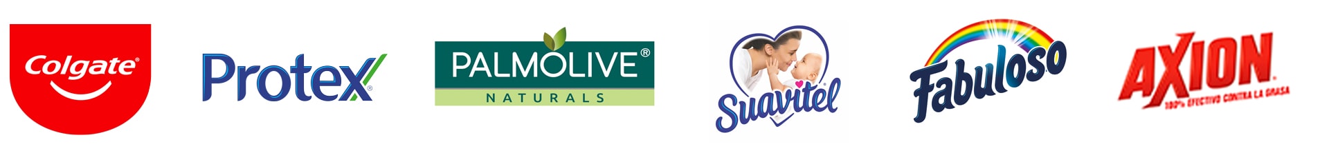 Logos de Colgate, Protex, Palmolive Naturals, Suavitel, Fabuloso y Axion.